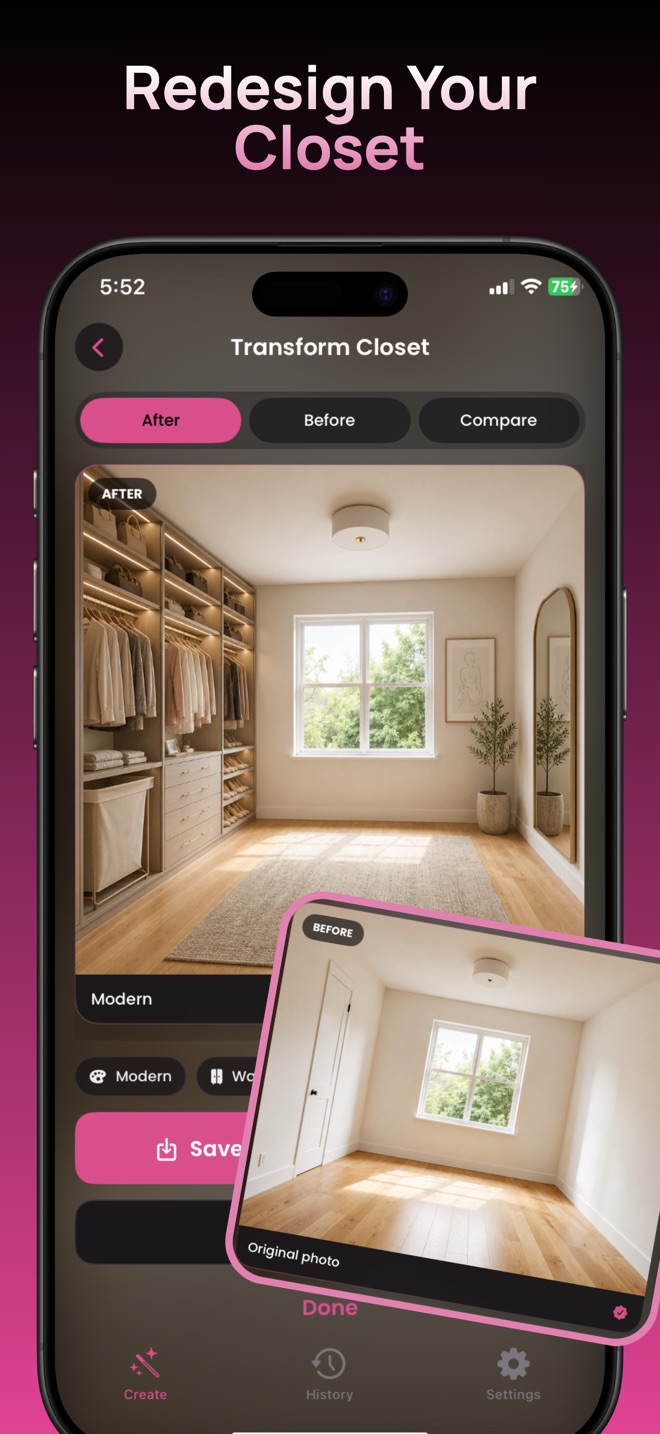 The live App Store screenshot shows the result screen, its comparison controls and the original-photo inset.