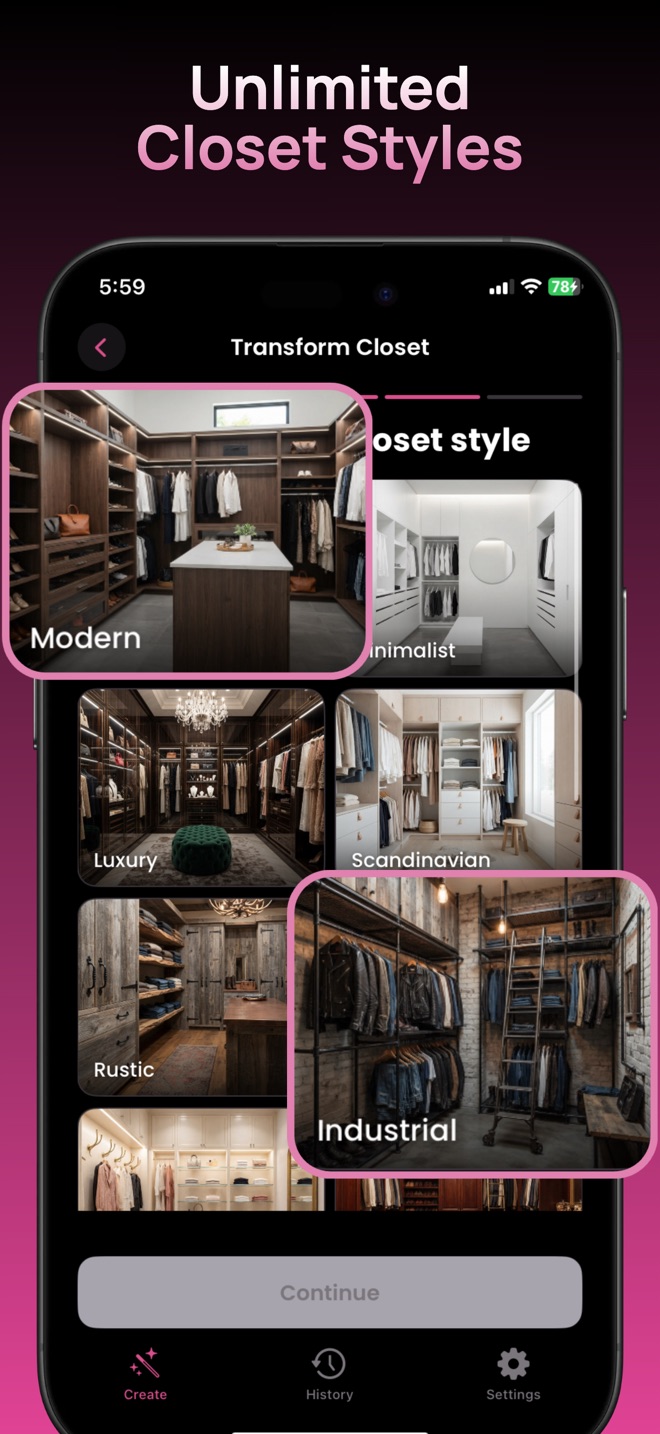 Live App Store screenshot of the style picker, with Modern, Minimalist, Luxury and Scandinavian choices.