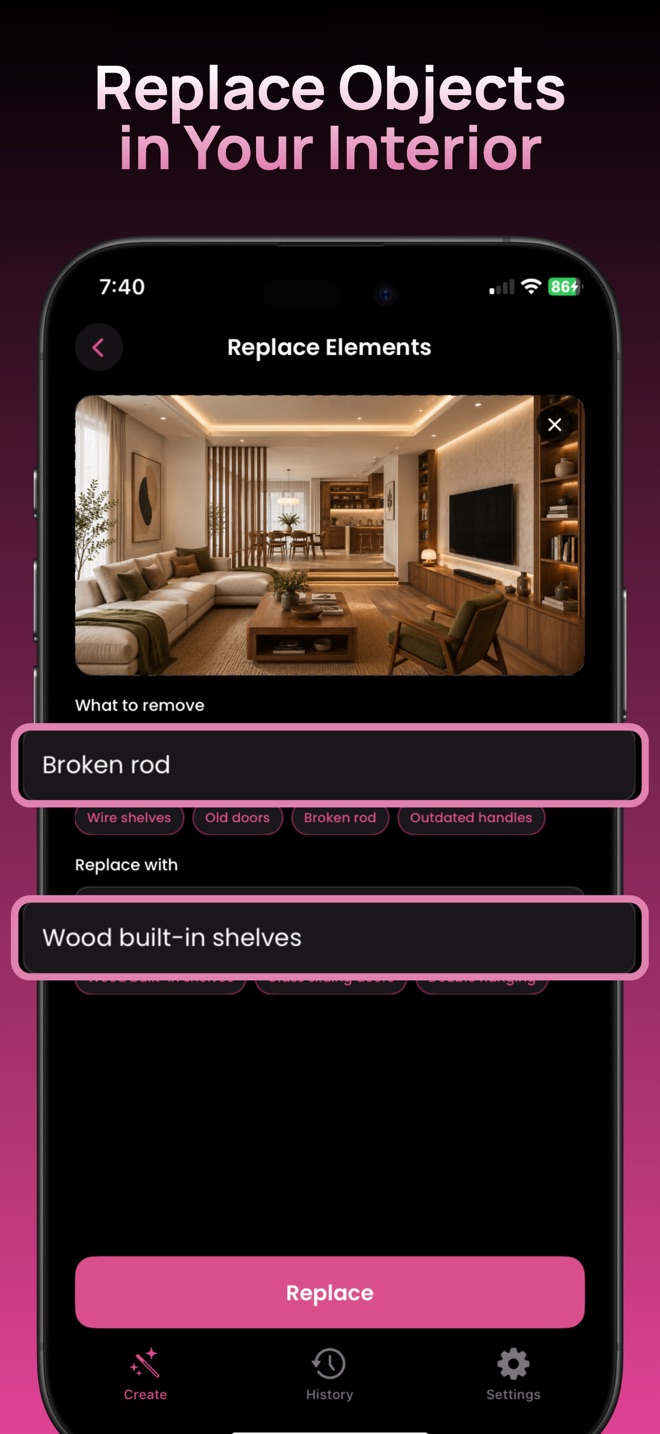Live App Store screenshot showing the Replace Elements fields. The promotional example uses an interior photo; choose your own closet photo in the app.