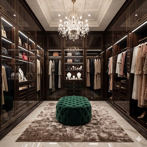 Luxury walk-in closet with warm wood cabinetry and a display island
