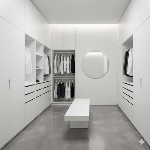 Minimalist closet with simple pale cabinetry