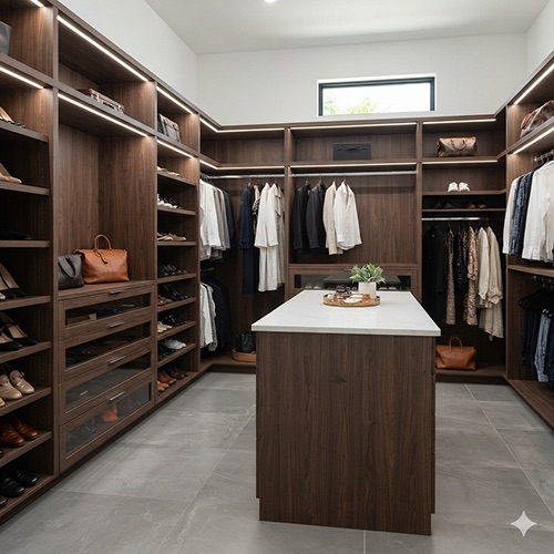 Modern walk-in closet design with dark wood cabinets and a central island