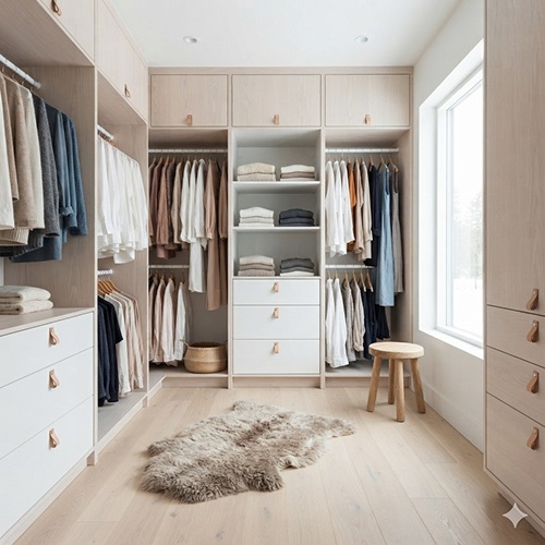 Light Scandinavian closet design with open shelves